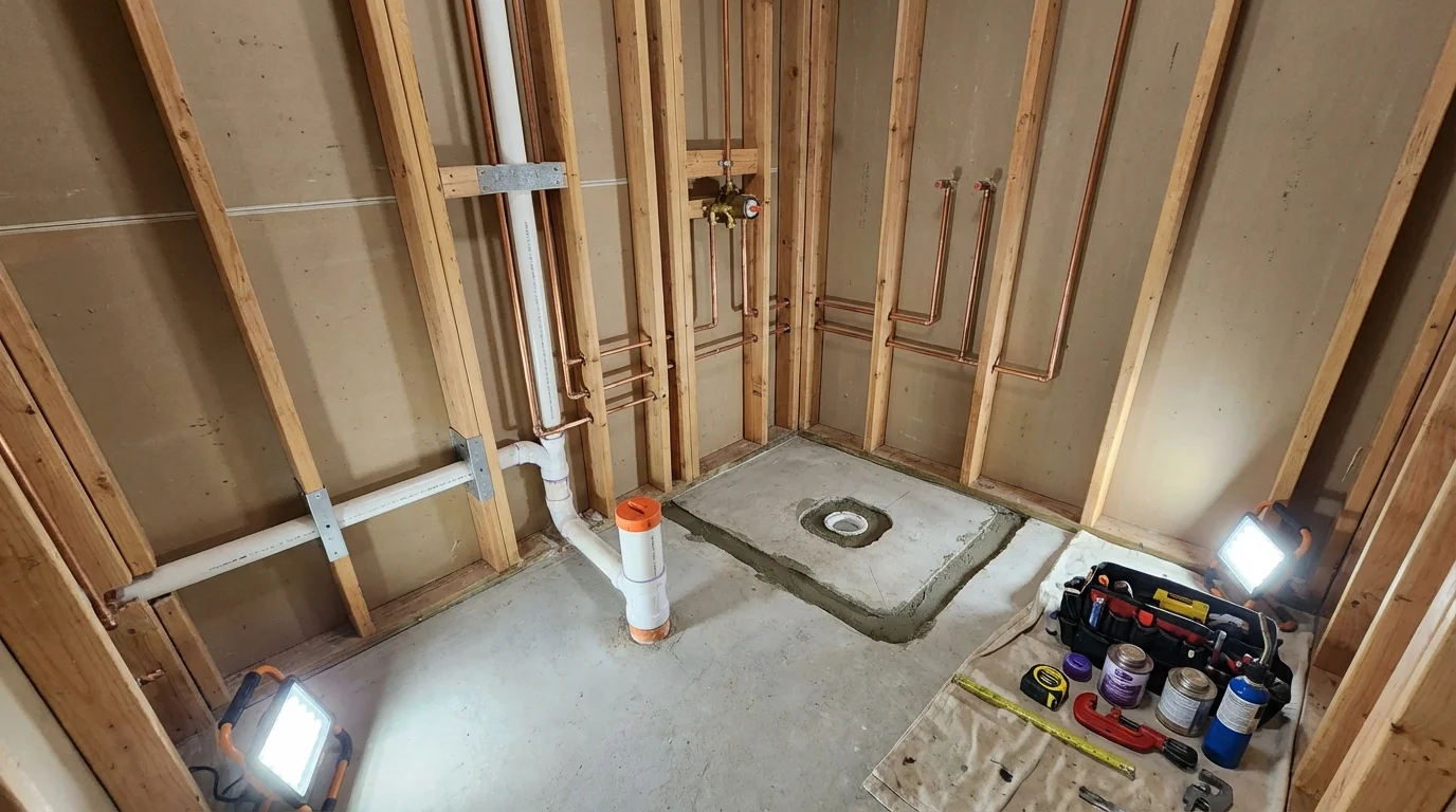 Bathroom rough-in plumbing during remodel by Johns Plumbing LLC in Westhampton
