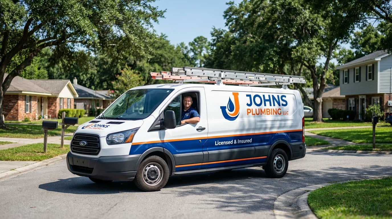 Johns Plumbing LLC service van in Westhampton, NY
