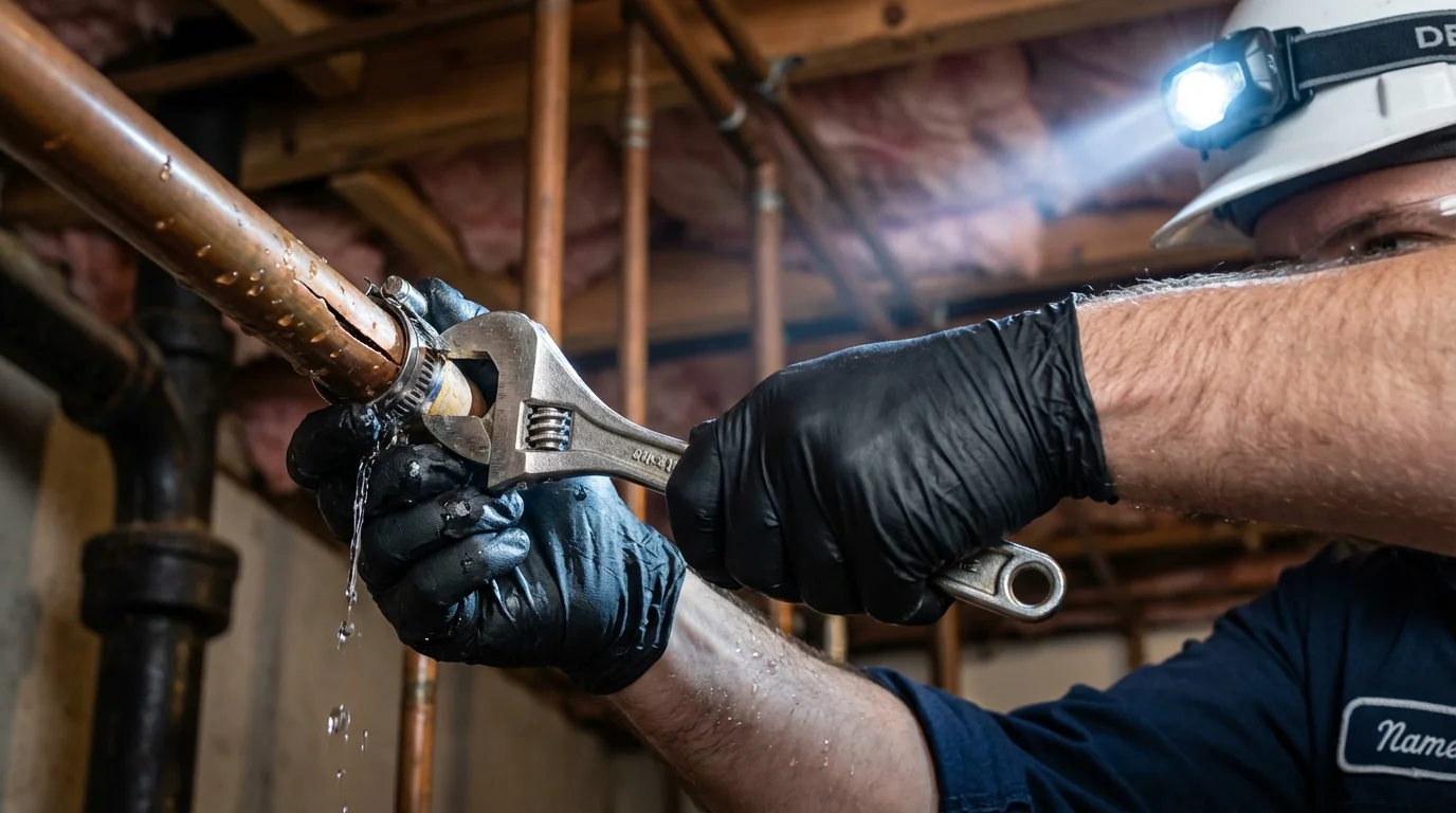 Emergency pipe clamp repair being performed by a Johns Plumbing LLC plumber in Westhampton