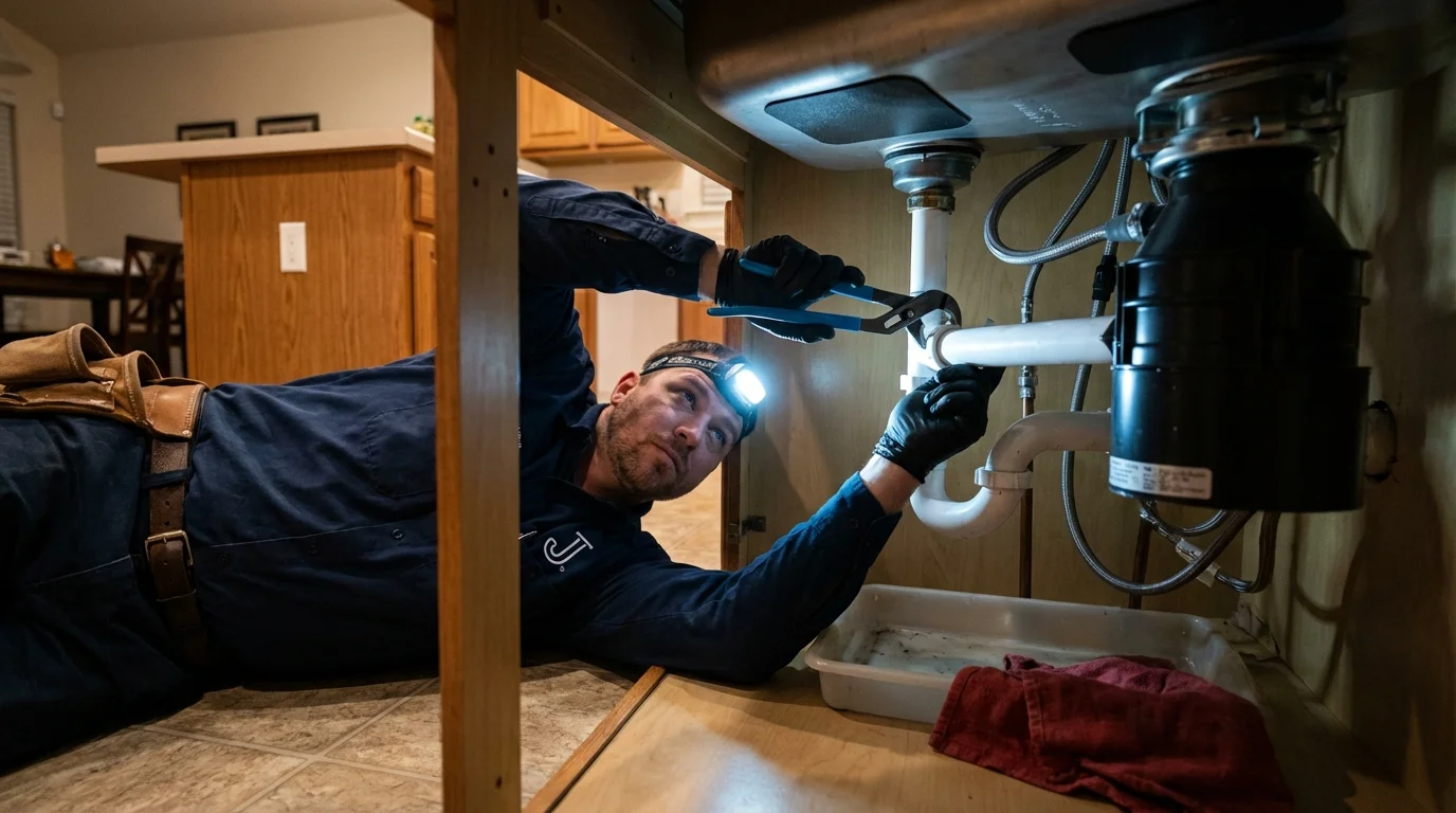 P-trap and supply line connections under a kitchen sink showing a common leak point in Westhampton, NY